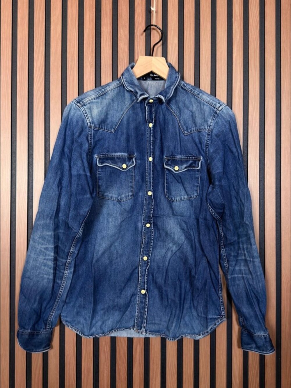 The Kooples Denim Shirt Small Mens Blue Fitted Long Sleeve Western Pearl Snap